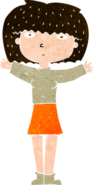 Çizgi filmdeki kadın, bir insan tarafından çizilmiş havada kollarını kaldırıyor.