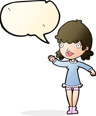 Bir insan tarafından çizilmiş bir konuşma balonuyla el sallayan çizgi film kadını.