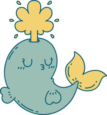 Geleneksel dövme stili bir insan tarafından çizilmiş mutlu, fışkırtan balina karakteri.