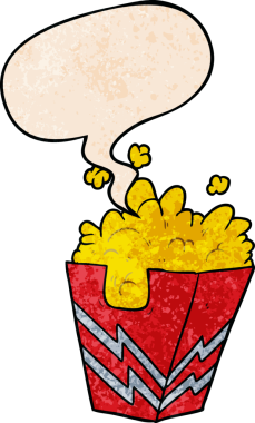 Bir insan tarafından çizilmiş eski moda konuşma baloncuklu patlamış mısır kutusu.