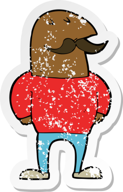 Bir insan tarafından çizilmiş bıyıklı kel bir adamın gerici, sıkıntılı çıkartması.