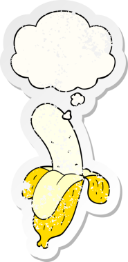 Düşünce baloncuklu çizgi film muzu, insan tarafından çizilmiş yıpranmış bir çıkartma gibi.