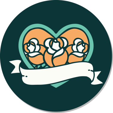 Geleneksel kalp stili dövme çıkartması ve bir insan tarafından çizilmiş çiçekli pankart.