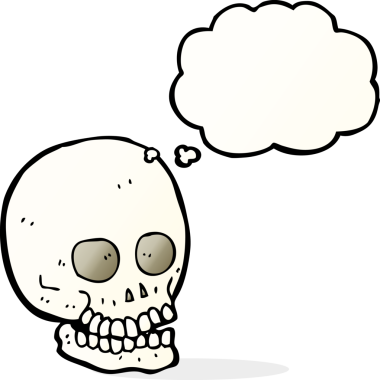 Bir insan tarafından çizilmiş düşünce baloncuklu bir kafatası.