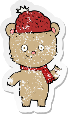 Bir insan tarafından çizilmiş şapkalı çizgi film ayısının gerilimli çıkartması.