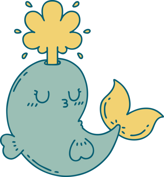 Geleneksel dövme stili bir insan tarafından çizilmiş mutlu, fışkırtan balina karakteri.