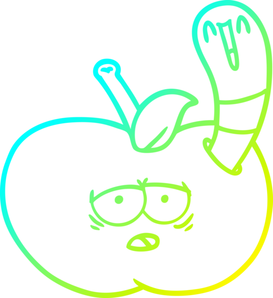 Bir insan tarafından çizilmiş elmalı bir karikatür solucanının soğuk çizgi çizimi.