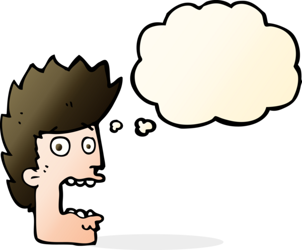 Bir insan tarafından çizilmiş düşünce baloncuğuyla dehşete düşmüş bir adam.