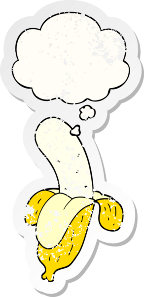 Düşünce baloncuklu çizgi film muzu, insan tarafından çizilmiş yıpranmış bir çıkartma gibi.