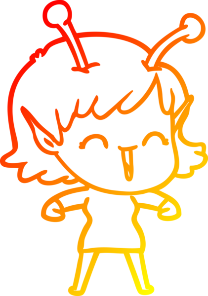 Bir insan tarafından çizilen gülen uzaylı bir kızın sıcak çizgi çizimi.