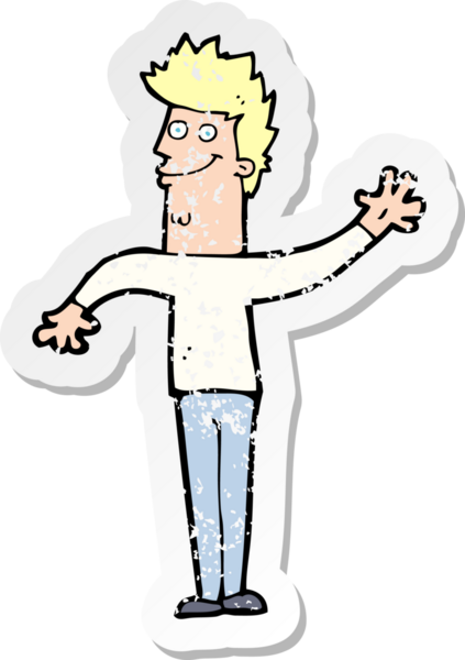 Bir insan tarafından çizilmiş, mutlu, el sallayan bir çizgi filmin gerilimli yapıştırması.