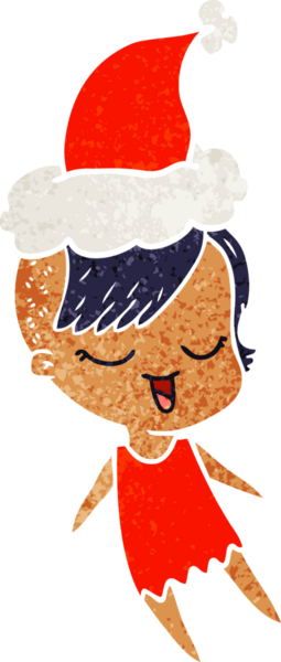 Bir insan tarafından çizilmiş Noel Baba şapkası takan bir kızın mutlu el çizimi karikatürü.