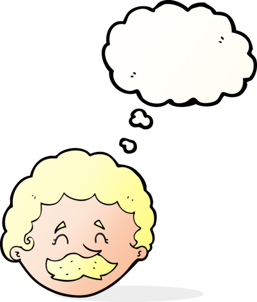 Bir insan tarafından çizilmiş düşünce baloncuklu bıyıklı çizgi film adamı.