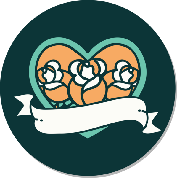 Geleneksel kalp stili dövme çıkartması ve bir insan tarafından çizilmiş çiçekli pankart.