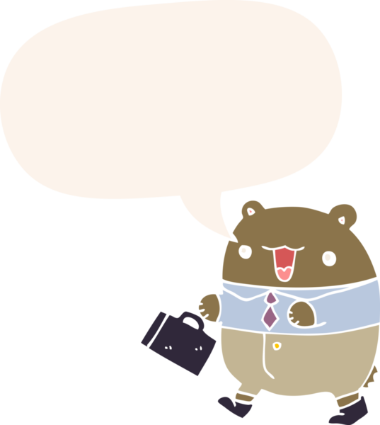 Bir insan tarafından çizilmiş eski tarz konuşma baloncuğu olan sevimli çizgi film iş ayısı.