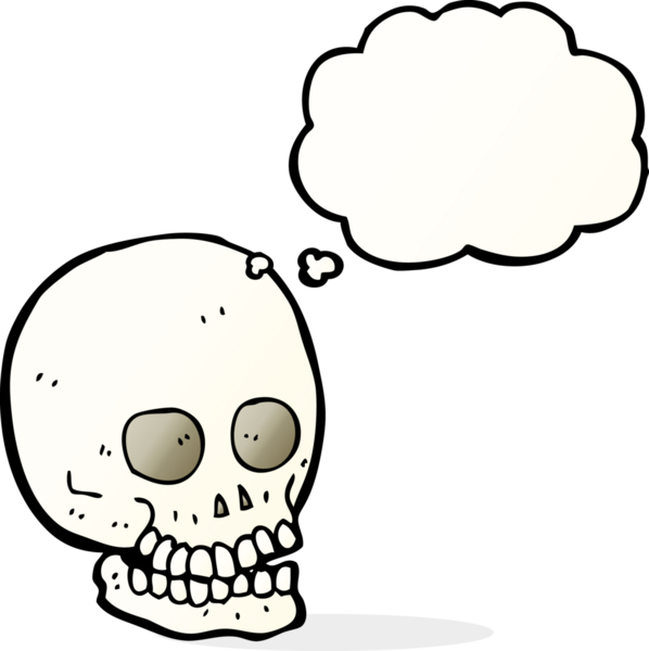 Bir insan tarafından çizilmiş düşünce baloncuklu bir kafatası.