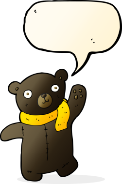 Bir insan tarafından çizilmiş konuşma balonlu siyah oyuncak ayı.