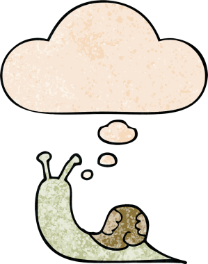 Düşünce baloncuklu çizgi film salyangozu bir insan tarafından çizilmiş grunge doku tarzı.