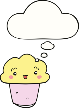 Bir insan tarafından çizilmiş, yüzü düşünce baloncuğu olan bir kek.