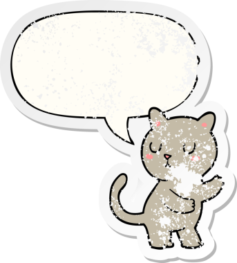 Konuşma baloncuğu olan çizgi film kedisi bir insan tarafından çizilmiş sıkıntılı eski bir çıkartma