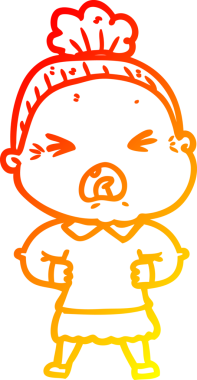 Bir insan tarafından çizilmiş kızgın yaşlı bir kadının sıcak çizgi çizimi.