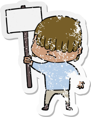 Bir insan tarafından çizilmiş dağınık saçlı bir çizgi film çocuğunun sıkıntılı çıkartması.