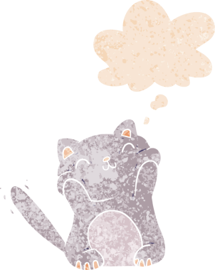 grunge 'da düşünce baloncuğu olan çizgi film kedisi bir insan tarafından çizilmiş dertli retro desenli