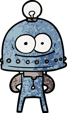 Bir insan tarafından çizilmiş ampullü mutlu karton robot.