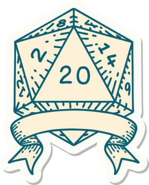 Bir insan tarafından çizilmiş 20 kritik vuruşluk D20 zar etiketi.