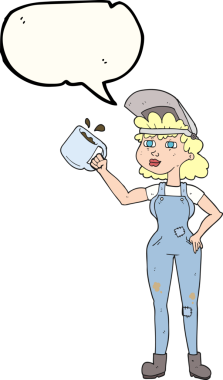 Bir insan tarafından çizilmiş tulumlu serbest konuşma balonu karikatürü kadın.