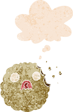 Düşünce baloncuklu korkmuş kurabiye çizgi filmi grunge sıkıntılı retro desenli bir insan tarafından çizilmiş