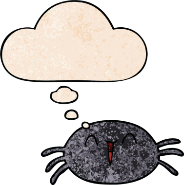 Düşünce baloncuklu çizgi film örümceği bir insan tarafından çizilmiş grunge desenli.