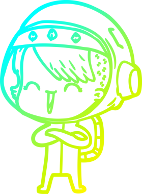 Bir insan tarafından çizilmiş mutlu bir uzay kızının soğuk çizgi çizimi.