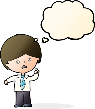 Çizgi film endişeli okul çocuğu bir insan tarafından çizilmiş düşünce balonuyla el kaldırıyor.