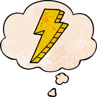 Bir insan tarafından çizilmiş grunge desenli düşünce baloncuklu çizgi film yıldırımı.