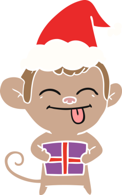 Noel hediyesi olan bir maymunun insan tarafından çizilmiş Noel Baba şapkasıyla çizilmiş komik bir el çizimi.