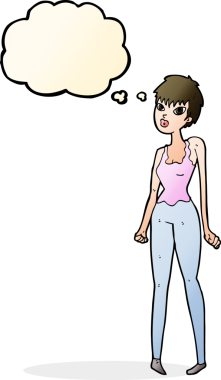 Bir insan tarafından çizilmiş düşünce baloncuğu olan güzel bir kadın.