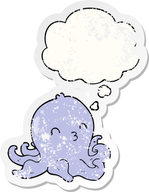 Düşünce baloncuklu çizgi film ahtapotu, insan tarafından çizilmiş yıpranmış bir çıkartma.