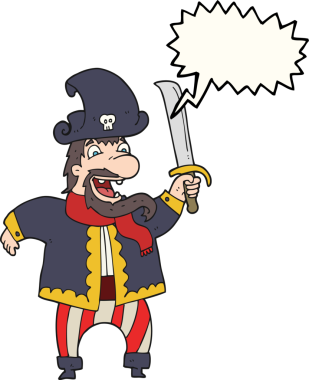 Bir insan tarafından çizilmiş serbest konuşma balonu karikatürü gülen korsan kaptan.