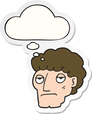 İnsan tarafından çizilmiş bir çıkartma gibi düşünce balonuyla sıkılmış karikatür.