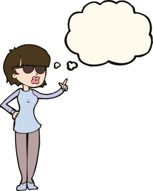 Bir insan tarafından çizilmiş düşünce balonlu gözlük takan çizgi film kadını.