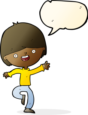 Bir insan tarafından çizilmiş konuşma balonuyla dans eden mutlu çocuk çizgi filmi.