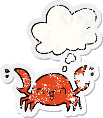 Düşünce baloncuklu karikatür yengeci insan tarafından çizilmiş yıpranmış bir çıkartma.