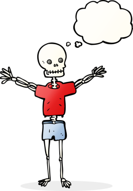 Bir insan tarafından çizilmiş düşünce baloncuklu giysiler içinde bir iskelet.