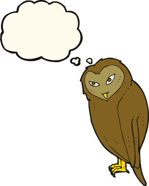 Bir insan tarafından çizilmiş düşünce baloncuklu çizgi film baykuşu