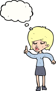 Bir insan tarafından çizilmiş düşünce baloncuğu fikri olan karikatür kadın.