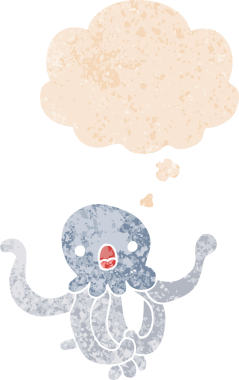 Düşünce baloncuklu çizgi film denizanası grunge sıkıntılı retro desenli bir insan tarafından çizilmiş