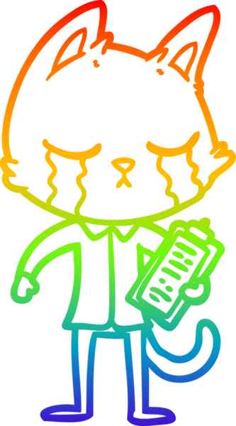 Gökkuşağı gradyan çizgi çizimi bir insan tarafından çizilmiş ağlayan iş kedisi