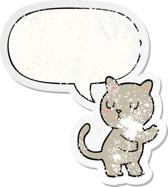 Konuşma baloncuğu olan çizgi film kedisi bir insan tarafından çizilmiş sıkıntılı eski bir çıkartma