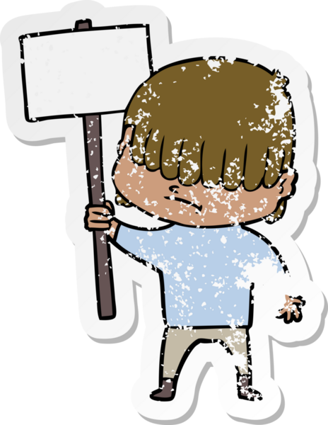 Bir insan tarafından çizilmiş dağınık saçlı bir çizgi film çocuğunun sıkıntılı çıkartması.